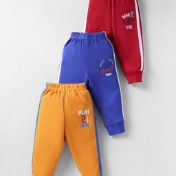 Zero Cotton Knit Full Length Lounge Pant With Text Print Pack Of 3 - Red Blue & Mustard-image-56