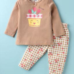 Pink Rabbit Interlock Knit Full Sleeves Night Suit with Floral Print & Checks - Tan-image-95