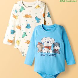 Babyoye 100% Cotton Knit Full Sleeves Puppy Printed Onesies Pack of 2 - Light Blue & White-picture-38