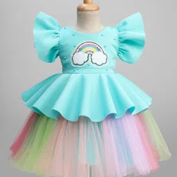 Enfance Half Flutter Sleeves Rainbow Patch Detailed & Sequins Embellished Knee Length Layered Dress - Pista-picture-43