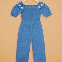 Budding Bees Cotton Woven Half Puffed Sleeves Floral Emboridereed Smock Detailed Jumpsuit - Blue-picture-45