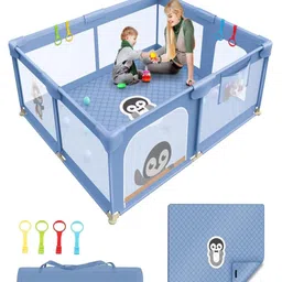 Kids Station Non-Foldable Baby Playard Playpen with Thick Mattress Spacious Play Area for Infants up to 4 Years Safety Lock, Storage Pocket & Anti-Fall Grasp Rings 180x150cm (Blue)-picture-21