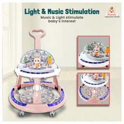 Infantso Runny Bunny Premium 4-in-1 Baby Walker with LED Light, 4-Level Cushion Seat & 3-level Height Adjustments - Walker, Bouncer, Feeding Table and Parental Push bar - Pink image 3