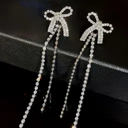 KRENOZ Silver-Plated Rhinestone Studded Bow Design Drop Earrings-5