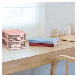 House of Quirk 2 Tier Transparent Cosmetic Jewelry Box Office Desktop Drawer Storage Box Plastic Multi Layer Small Storage Box-Pink image 4