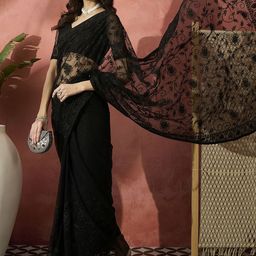 Sangria Embroidered Net Saree With Unstitched Blouse image 5