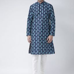 DEYANN Men Navy Blue & Off-White Printed Kurta with Churidar-image-98