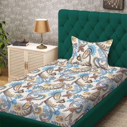 FABINALIV White & Blue Ethnic Motifs 300 TC Single Bedsheet - 2.20 m x 1.50 m-picture-35