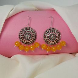 HOPMEE Silver-Plated Crystal Studded Circular Shape Oxidised Drop Earrings-image-98