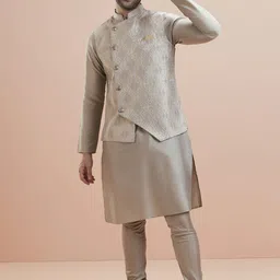 KISAH Men Grey Geometric Kurta Jacket Churidar Set-87