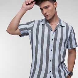 FCUK Men Smart Striped Textured Cuban Collar Pure Cotton Casual Shirt-image-91