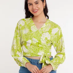 Zink London Green & White Floral Print Wrap Crop Top-image-81