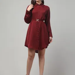 Clobug Women Solid Knee Length Shirt Dress-image-13