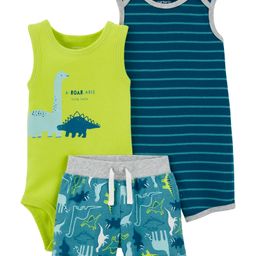 Carter's 3-Piece Dinosaur Onesie & Short Set - Green Blue-image-3