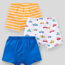 Babyhug 100% Cotton Briefs Striped & Car Print Pack of 3 - Blue Yellow & White-image-92