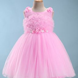 Bluebell Net Woven Sleeveless Party Frock With Floral Applique - Pink-image-32