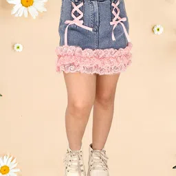 Cutecumber Floral Lace Embellished A Line Denim Skirt - Blue-picture-37