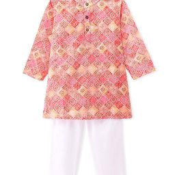 Babyhug Cambric Woven Full Sleeves Floral Embroidered Kurta Pyjama Set - Peach-image-38