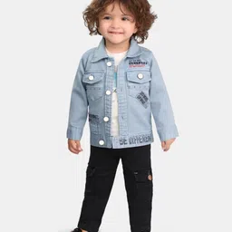 DOTSON Cotton Modal Tee & Pant Set With Full Sleeves Placement Typography Printed Jacket - Blue-picture-25