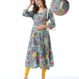 Bella Mama Woven Three Fourth Sleeves Embroidered Yoke & Floral Printed Maternity Kurta - Green-picture-36