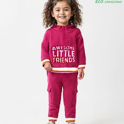 Babyoye 100% Cotton Brushed Fleece Full Sleeves Hooded Winter Wear Suit With Embossed Text Print - Red-image-71