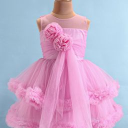 Bluebell Net Sleeveless One Piece Frock with Floral Applique- Pink-image-102