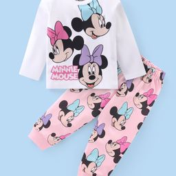 Babyhug Disney Single Jersey Full Sleeves Night Suit With Minnie Mouse Graphics - White & Pink-image-90