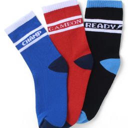Pine Kids Cotton Knit Socks with Text Print Pack of 3 - Blue Red & Black-image-54