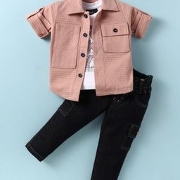 Robo Fry Lycra Knit Full Sleeves Textured Shirt with Text Print T-Shirt & Trouser Set - Tan-image-91