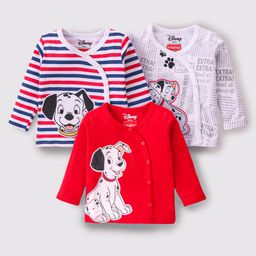 Babyhug Disney Cotton Knit Full Sleeves Front Open Jhablas With Stripes & 101 Dalmatians Graphics Pack of 3 - Red & White-image-7
