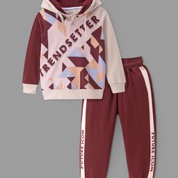 Ollington St. 100% Cotton Knit Full Sleeves Hooded Sweatshirt & Joggers Winter Wear Set With Text Print - Beige & Maroon-image-91
