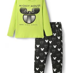 Pine Kids Disney Single Jersey Knit Full Sleeves Night Suit With Mickey Mouse Graphic - Limegreen& Black-image-75