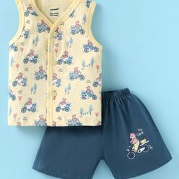 CUCUMBER Sinker Sleeveless Night Suit With Bear Print - Yellow & Dark Blue-image-82