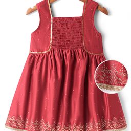 EARTHY TOUCH Woven Sleeveless Ethnic Dress With Ghadwal & Lace Detailing Print -Maroon-picture-41