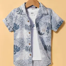 Ruff Poplin Woven Half Sleeves Tropical Theme Printed Shirt with Sleeveless T-Shirt - Light Blue-image-76