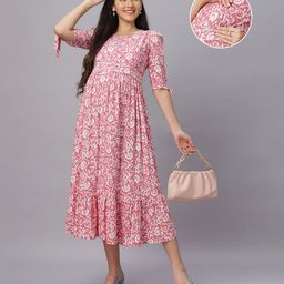 Mamma's Maternity Rayon Three Fourth Sleeves Abstract Printed Maternity Dress With Zipper Access - Pink-picture-26