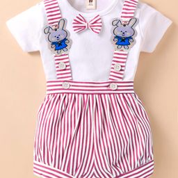 ToffyHouse Interlock Knit Half Sleeves T-Shirt & Striped Shorts With Suspender & Bunny Patch - White & Red-picture-25