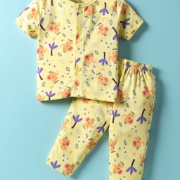 Child World Interlock Knit Front Open Half Sleeves Co-ords Night Suit With Animal Print - Yellow-8