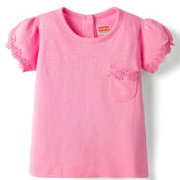 Babyhug Cotton Knit Half Puffed Sleeves T-Shirt with Floral Embroidery - Pink-image-60