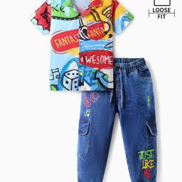 OLLINGTON ST. Cotton Half Sleeves Text Printed Shirt & StretchableDenim Joggers - Multicolor & Indigo-image-39