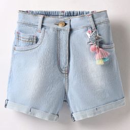 Little Kangaroos Denim Knee Length Shorts With Star Applique and Tassels - Light Blue-image-46