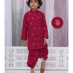 Little Bansi Cotton Full Sleeves Paisley Foil Motifs Printed Kurta Dhoti Set - Rani Pink-image-85