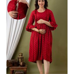 CeleBravo Rayon Half Bell Sleeves Polka Dots Printed Maternity Dress With Nursing Access - Maroon-image-24