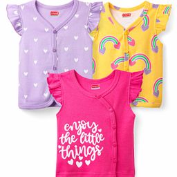 Babyhug 100% Cotton Knit Frill Sleeves Rainbow & Heart Printed Front Open Vests Pack of 3 - Dark Pink Yellow & Lavender-image-52