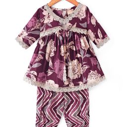 Ridokidz Three Fourth Sleeves Floral Printed & Gota Lace Embellished Kurti Salwar Set - Wine-image-13