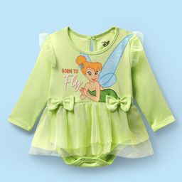 Babyhug Disney Interlock Knit Full Sleeves Frock Onesie with Tinker Bell Print & Bow Applique - Light Green-image-49