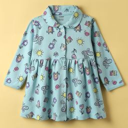 CUCUMBER Sinker Knit Full Sleeves Butterfly & Turtle Printed Shirt Dress With Collar Neck - Light Blue-image-74