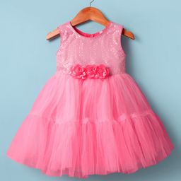 Babyhug Mesh Woven Sleeveless Partywear Dress With Floral Corsage & Sequined Yoke - Pink-image-63
