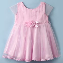 Babyhug Woven Cap Sleeves Party Dress With Floral Corsage & Lace Detailing - Light Pink-image-37