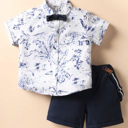 ToffyHouse Cotton Woven Half Sleeves Beach Theme Printed Party Shirt & Shorts Set with Bow & Suspender - Navy Blue-picture-16